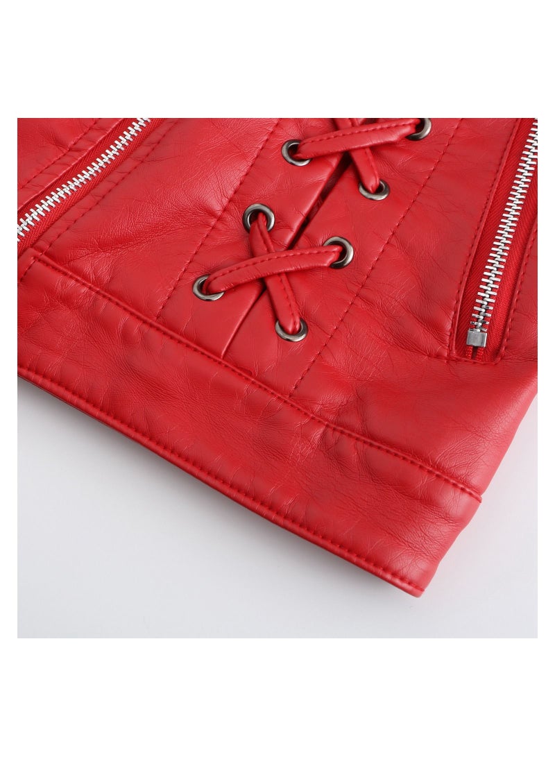 Loquat New Fashion Knitted Leather Coat with Strap Leather Coat Red  - Image 2