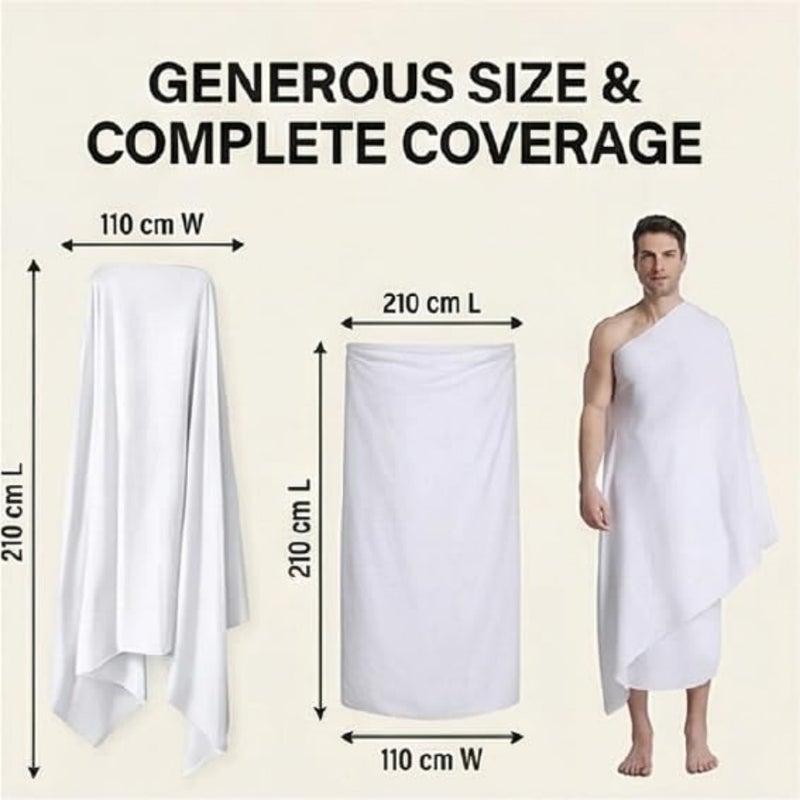 Ibraz Hajj and Umrah Ihram Set, 100% Cotton, 1200gsm, Lightweight, 2 Pieces Size M (105x210 cm - Image 3