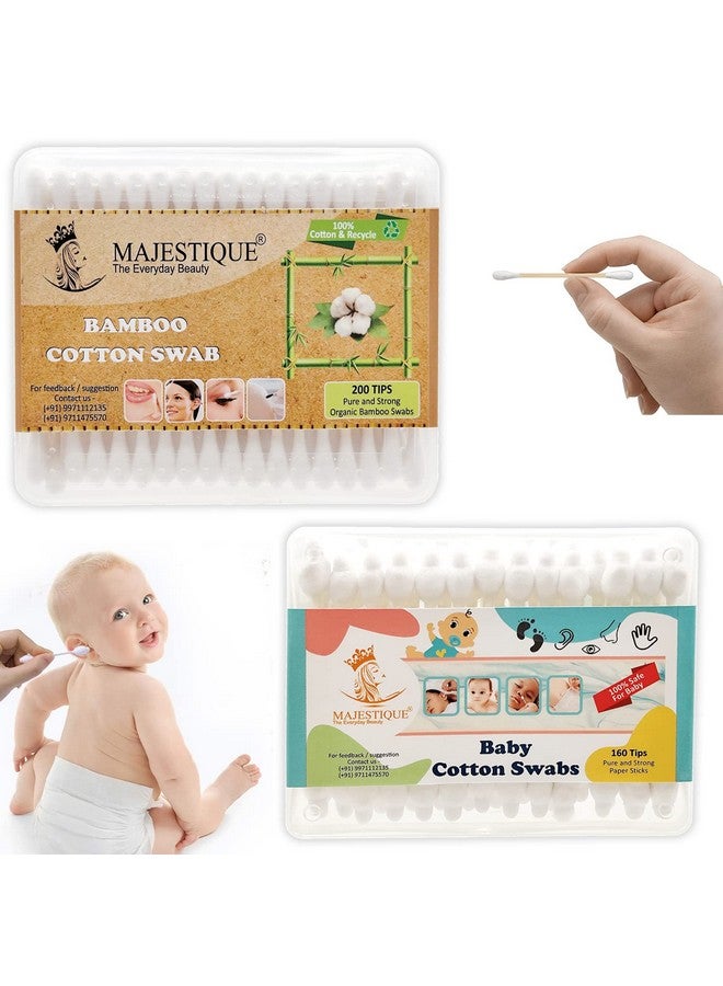 Majestique Baby Safety Cotton Swab | 100% Organic Soft Cotton Tips for Cleaning - Ideal for Babies & Adults Makeup Removal Cotton Sticks | Bamboo Cotton Swabs - 80-Swabs for Baby / 100-Swabs for Adults (Pack of 2) - Image 1
