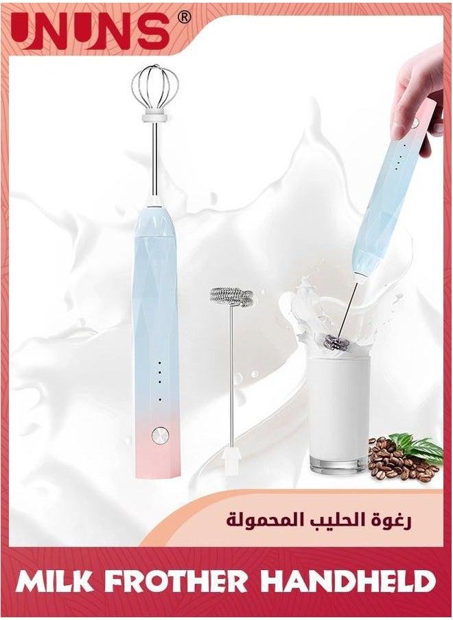 UNUNS Milk Frother,Rechargeable Handheld Electric Whisk Coffee Frother Mixer With 2 Stainless Whisks,3 Speed Adjustable Foam Maker Blender for Matcha Latte Cappuccino Hot Chocolate,Blue Pink  - Image 1