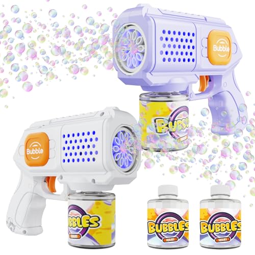 Panamalar 2 Packs Bubble Guns for Kids Automatic Bubble Machine Gun 10000 BubblesMin 10 Holes Bubble Maker Toys with SolutionLight for Boys Girls Outdoor Wedding Party PurpleWhite - Image 1