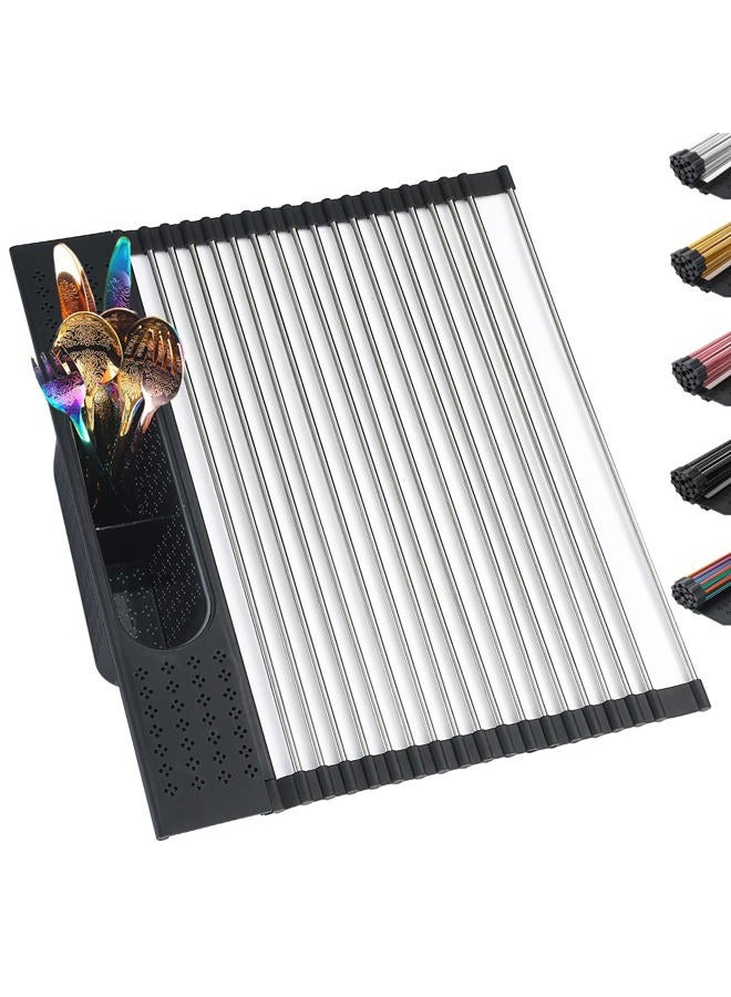 Berglander Dish Drying Rack Over The Sink, L17.5 by W 15" Rollable Stainless Steel Dish Rack with Removable Storage Basket, Perfect for Kitchen Sink - Image 1