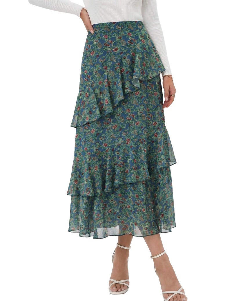 DERAX Women's Floral Boho Midi Skirt A Line Tiered Ruffle Chiffon High Waist 2026 Spring Summer Long Skirts Green A L - Image 1