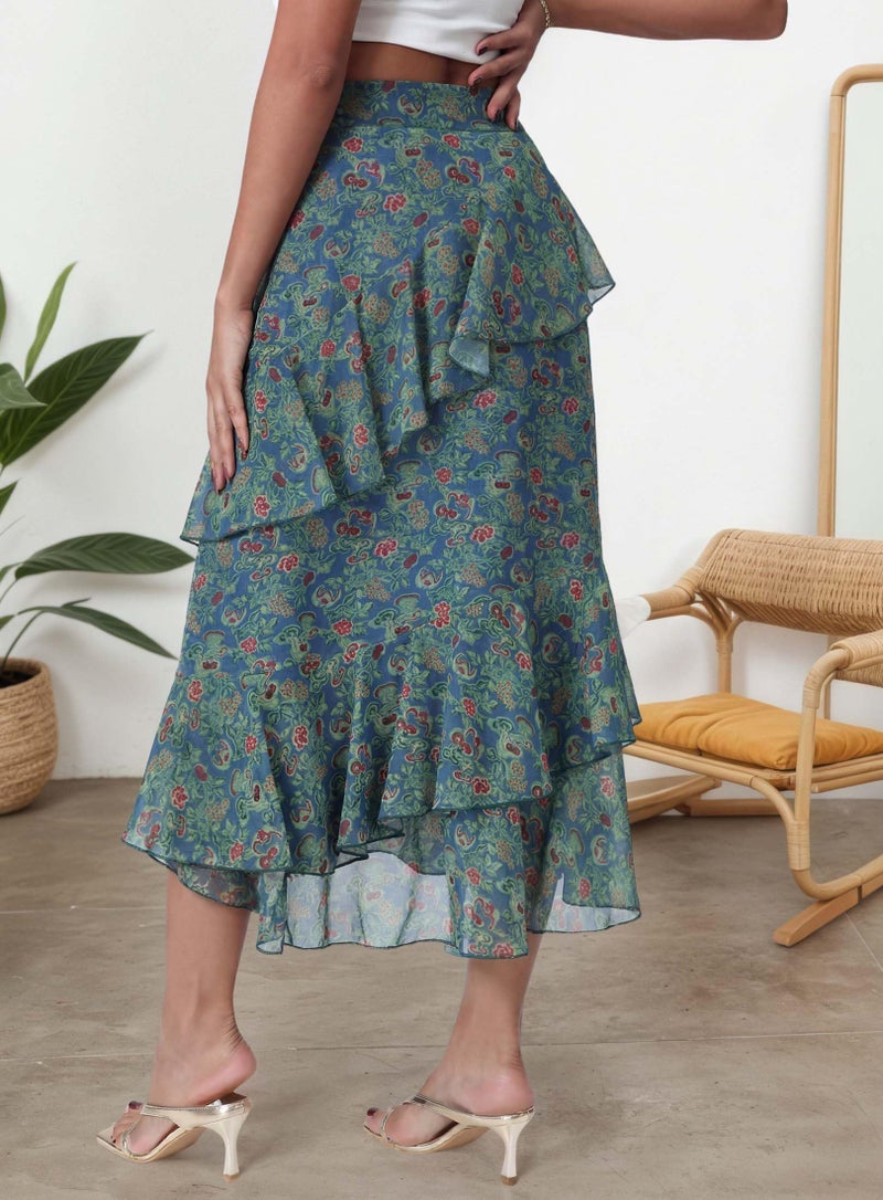 DERAX Women's Floral Boho Midi Skirt A Line Tiered Ruffle Chiffon High Waist 2026 Spring Summer Long Skirts Green A L - Image 2