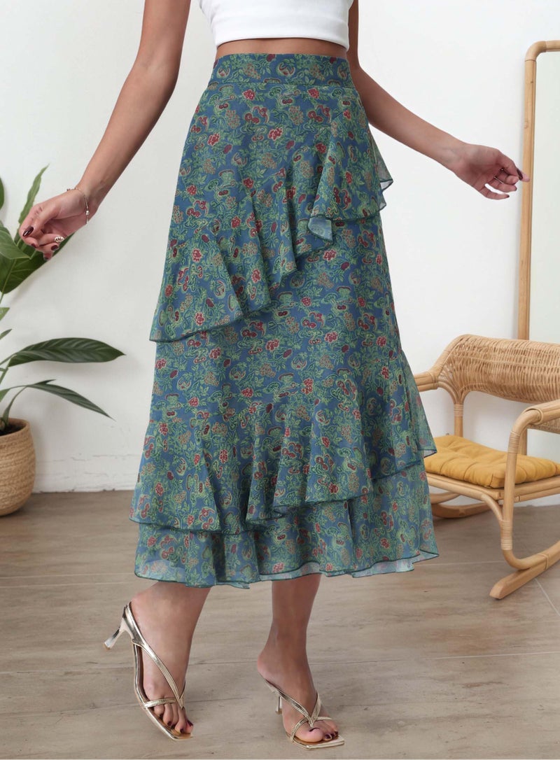 DERAX Women's Floral Boho Midi Skirt A Line Tiered Ruffle Chiffon High Waist 2026 Spring Summer Long Skirts Green A L - Image 3
