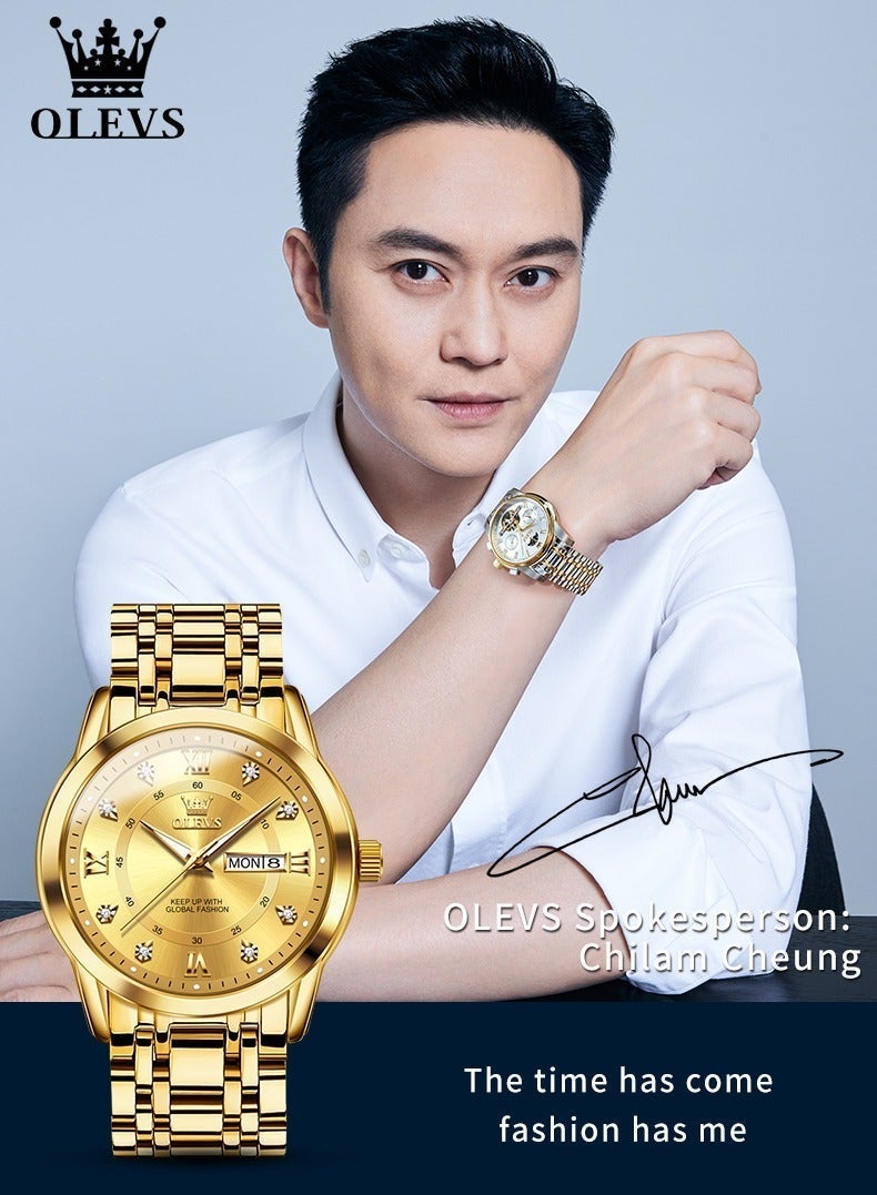 OLEVS Watches for Men Stainless Steel Quartz Analog Water Resistant Watch Gold Business Quartz Watches - Image 3