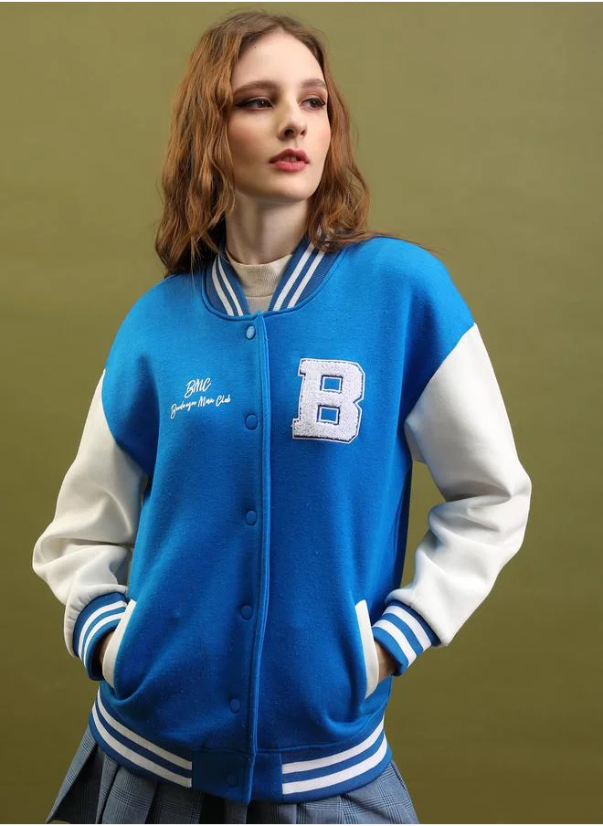 Tokyo Talkies Embroidered Colorblock Relaxed Fit Varsity Jacket