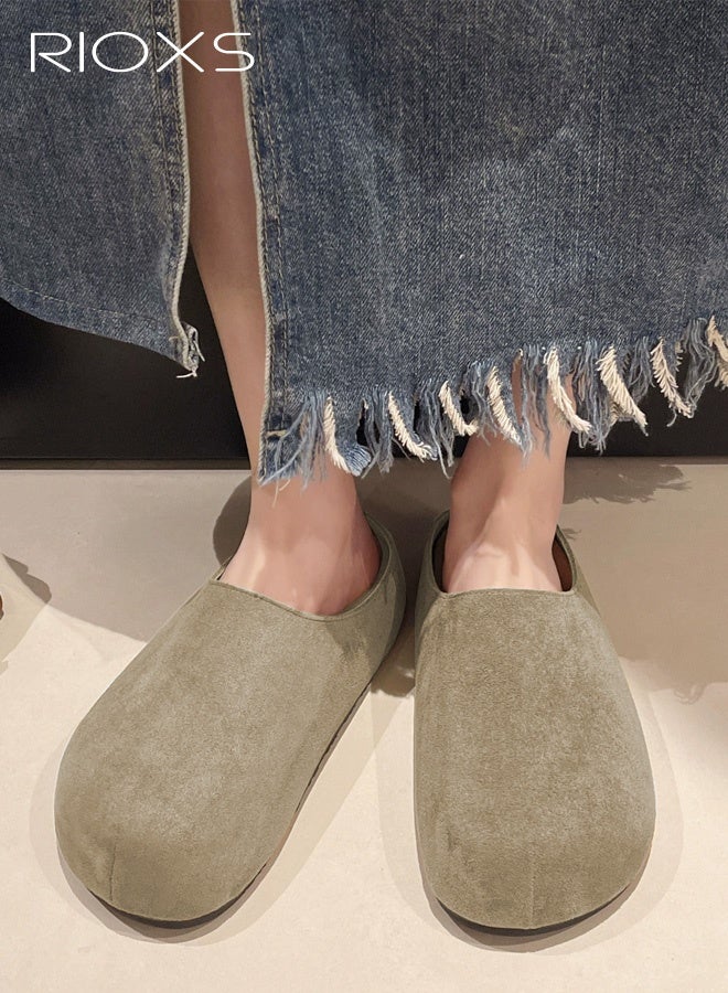 RIOXS Women's Thick Soled Suede Clogs, Slip On Cork Footbed Mules for Ladies, Comfortable Lightweight Arch Support Mules, Slip On Potato Shoes Sandals Slippers for Nurse Work Outdoor Travel, Khaki - Image 1