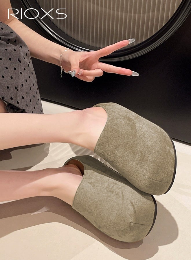 RIOXS Women's Thick Soled Suede Clogs, Slip On Cork Footbed Mules for Ladies, Comfortable Lightweight Arch Support Mules, Slip On Potato Shoes Sandals Slippers for Nurse Work Outdoor Travel, Khaki - Image 2