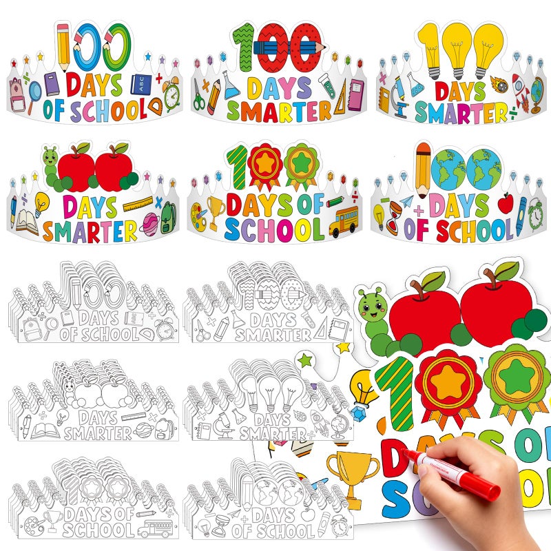 Sealmic 36 Set 100 Days of School Coloring Crowns 100th Day of School Paper Craft Crown Hats 100 Day Party Decorations Color Your Own Crafts for Students Classroom Activities Gift Celebration Supplies DIY Art - Image 1