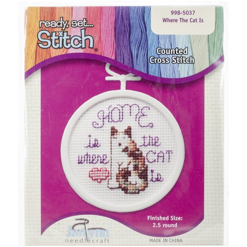 Janlynn 998-5037 18 Count Round Mini Counted Cross Stitch Kit, 2-1/2-Inch, Home is Where The Cat is - Image 2