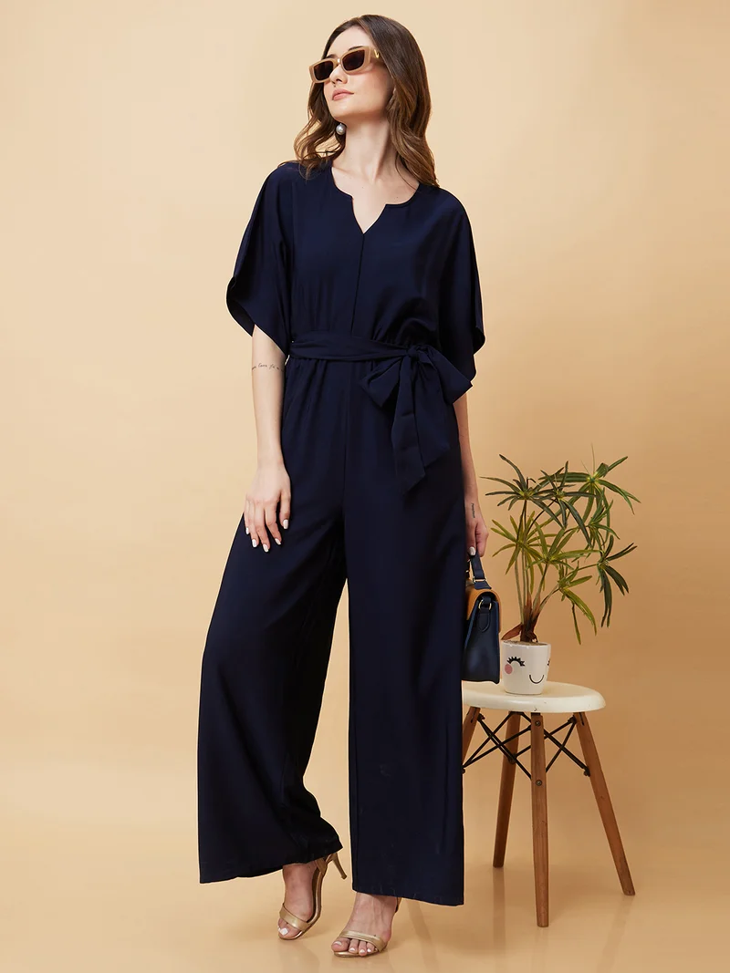 globus Women V Cut & Kimono Sleeves Waist Tie-Up Longline Jumpsuit