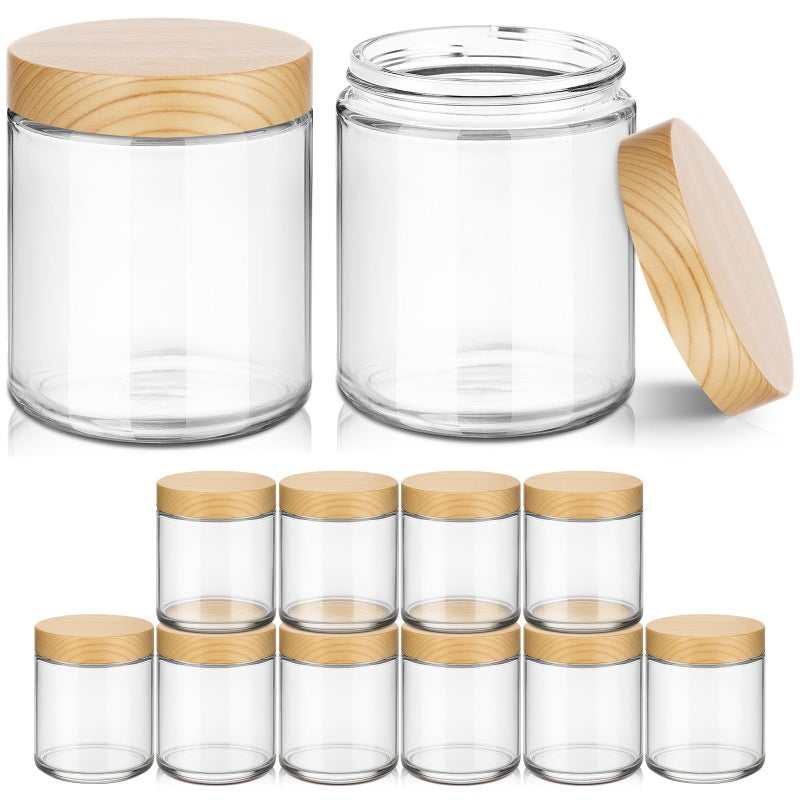 Tecohouse 8 oz Glass Jars with Lids, 12 Pack Small Glass Jars with Plastic Woodgrain Lids, Lotion Container Empty Cosmetic Travel Containers for Sample, Cream, Lotion, Honey, Powder - Image 1