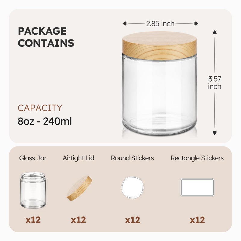 Tecohouse 8 oz Glass Jars with Lids, 12 Pack Small Glass Jars with Plastic Woodgrain Lids, Lotion Container Empty Cosmetic Travel Containers for Sample, Cream, Lotion, Honey, Powder - Image 3