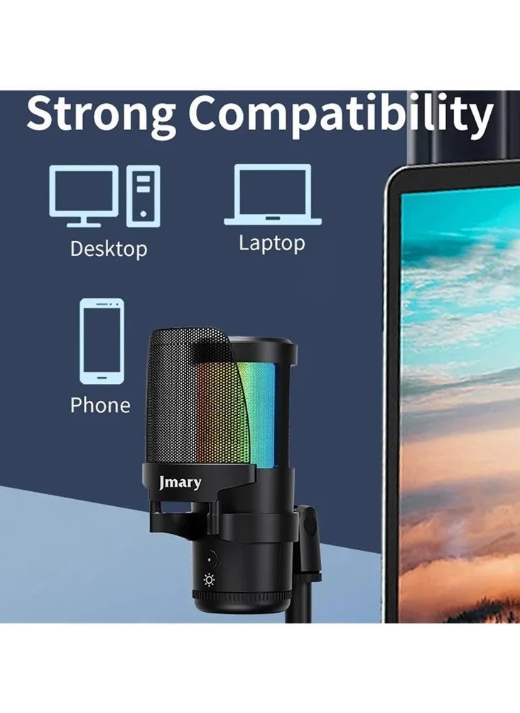 Jmary Zero Latency USB Desktop Microphone with RGB Lighting – Plug & Play Condenser Mic with Real-Time Monitoring, Volume Control, Mute Button & Adjustable Stand – Ideal for Podcasting, Gaming, Streaming, Online Meetings & Voice Recording - Image 3