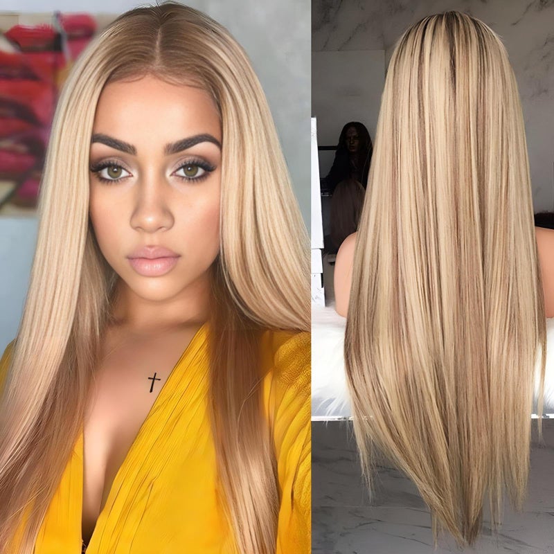 JOUKAYEA Long Ombre Brown Blonde Wig for White Black Women, Synthetic Straight Highlight Dirty Blond Wig with Dark Roots, Golden Hispanic Ladies Realistic Natural Looking Hair Replacement Wigs - Image 4