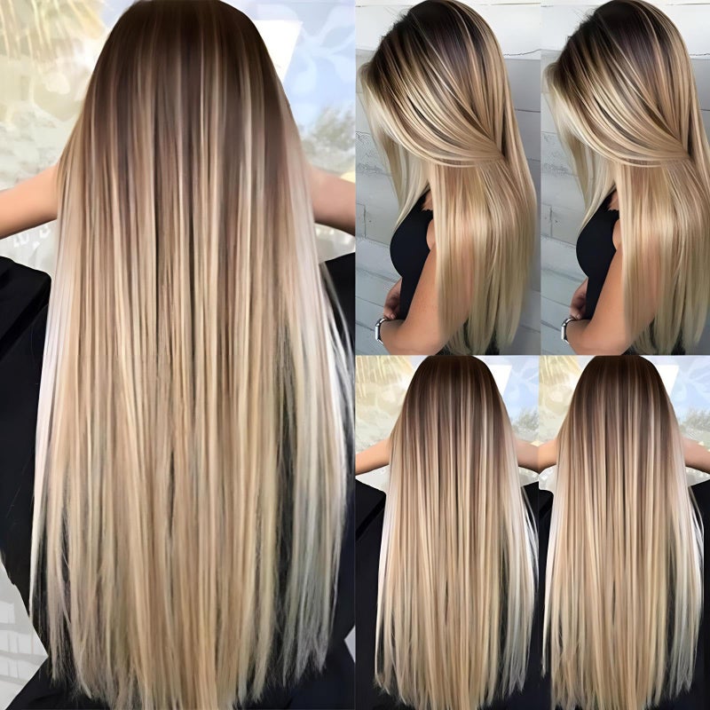 JOUKAYEA Long Ombre Brown Blonde Wig for White Black Women, Synthetic Straight Highlight Dirty Blond Wig with Dark Roots, Golden Hispanic Ladies Realistic Natural Looking Hair Replacement Wigs - Image 1