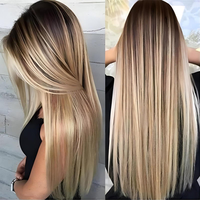 JOUKAYEA Long Ombre Brown Blonde Wig for White Black Women, Synthetic Straight Highlight Dirty Blond Wig with Dark Roots, Golden Hispanic Ladies Realistic Natural Looking Hair Replacement Wigs - Image 2