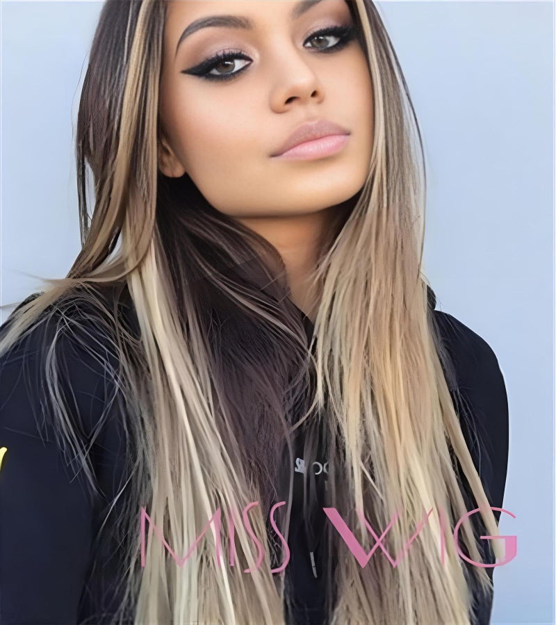 JOUKAYEA Long Ombre Brown Blonde Wig for White Black Women, Synthetic Straight Highlight Dirty Blond Wig with Dark Roots, Golden Hispanic Ladies Realistic Natural Looking Hair Replacement Wigs - Image 5