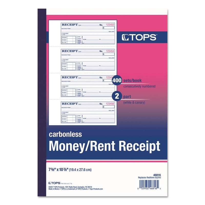 TOPS Money Receipt Book, 2-Part, Carbonless, 2-3/4 x 7-1/8 Inches, 4 Receipts per Page, 400 Sets per Book (46816) - Image 2