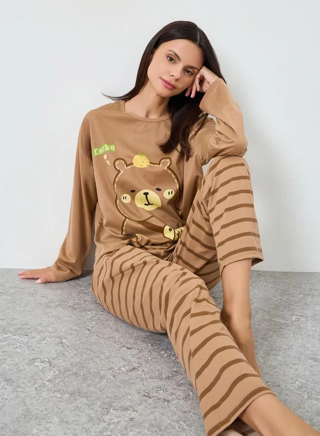 Styli Bear Printed Long Sleeve Tee&Pajama Long Sets