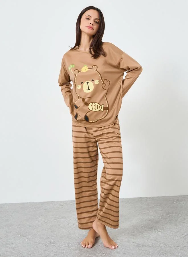 Styli Bear Printed Long Sleeve Tee&Pajama Long Sets