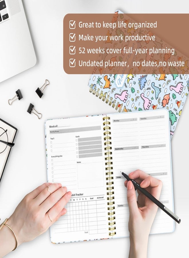 Stanoha Weekly Planner Undated - 52 Weeks To Do List Notebook A5 for Work: Weekly Task, Habit Tracker Journal, Goal Setting, Agenda Sprial Bound Organizer Book for Women Cute Stylish Design, Dino - Image 4