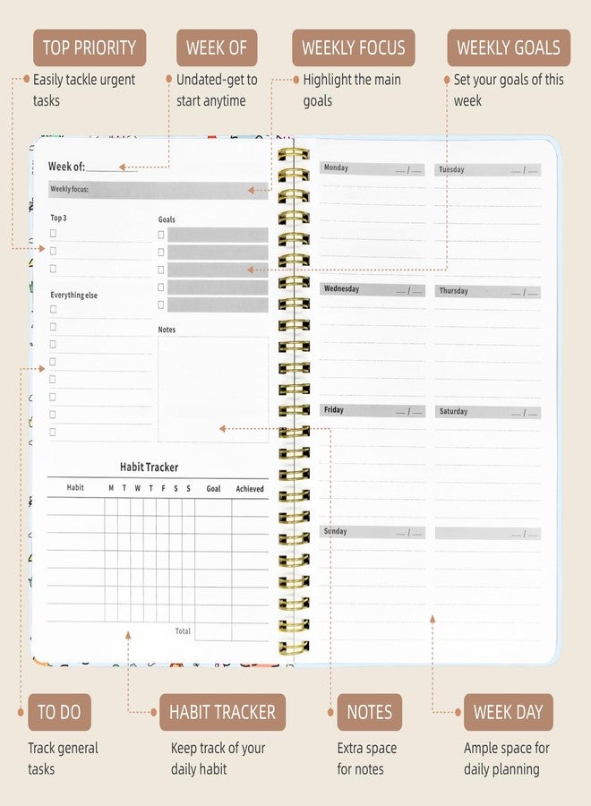 Stanoha Weekly Planner Undated - 52 Weeks To Do List Notebook A5 for Work: Weekly Task, Habit Tracker Journal, Goal Setting, Agenda Sprial Bound Organizer Book for Women Cute Stylish Design, Dino - Image 2