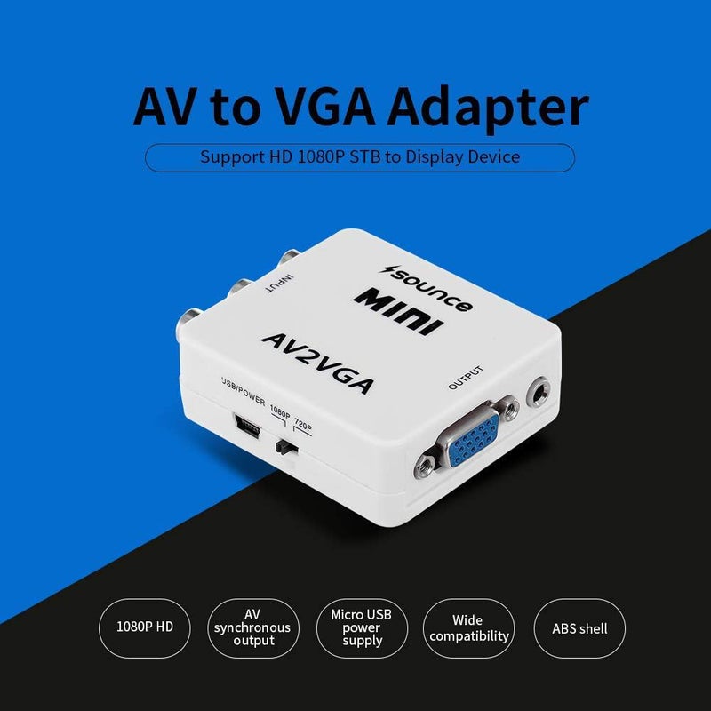 Sounce محول Sounce AV RCA إلى VGA محول صوت وصورة، محول AV مركب إلى VGA 3.5 مم لتشغيل فيديو التلفاز 1080p مع كابل طاقة USB لجهاز VCD DVD وجهاز العرض والتلفاز وجهاز الاستقبال - Image 3