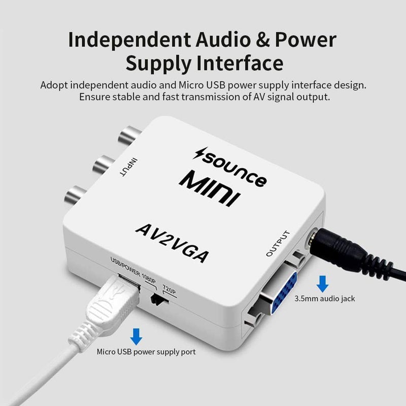 Sounce محول Sounce AV RCA إلى VGA محول صوت وصورة، محول AV مركب إلى VGA 3.5 مم لتشغيل فيديو التلفاز 1080p مع كابل طاقة USB لجهاز VCD DVD وجهاز العرض والتلفاز وجهاز الاستقبال - Image 2