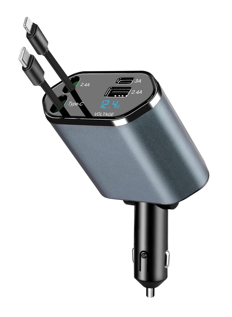 Retractable car charger - Fast USB C Retractable Car Charger LED digital display 120W 4 in 1 Quick Adapter 2 Port Type C PD Car charging station charger -12/24V 120W Fast Car Charger - Image 1