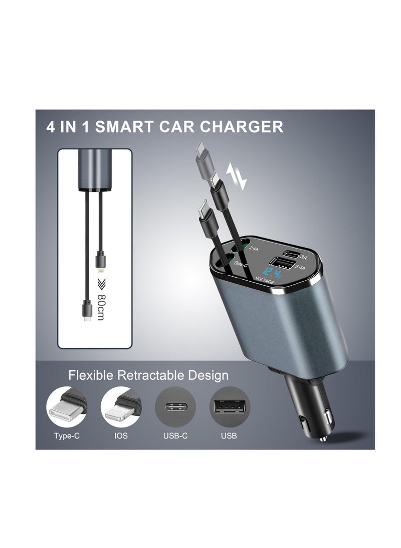 Retractable car charger - Fast USB C Retractable Car Charger LED digital display 120W 4 in 1 Quick Adapter 2 Port Type C PD Car charging station charger -12/24V 120W Fast Car Charger - Image 2