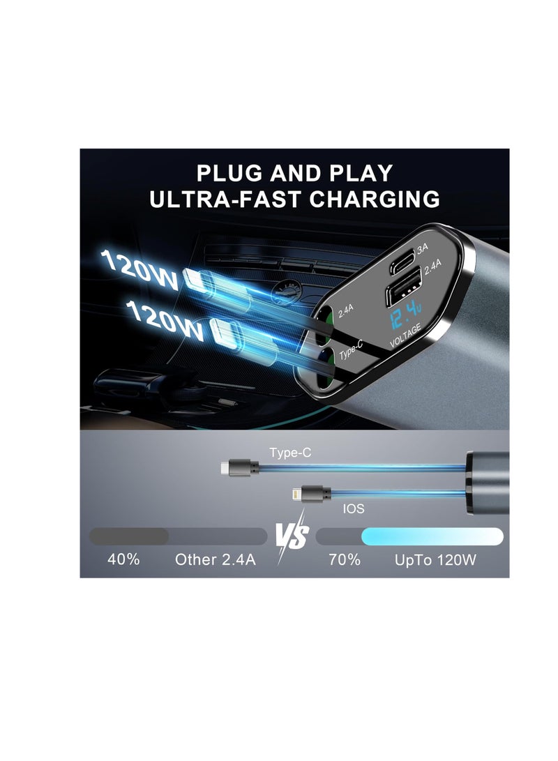 Retractable car charger - Fast USB C Retractable Car Charger LED digital display 120W 4 in 1 Quick Adapter 2 Port Type C PD Car charging station charger -12/24V 120W Fast Car Charger - Image 3