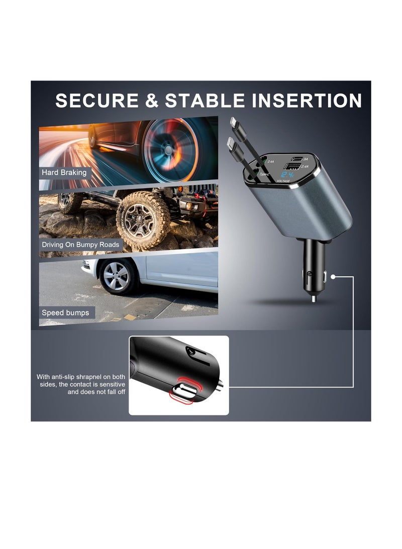 Retractable car charger - Fast USB C Retractable Car Charger LED digital display 120W 4 in 1 Quick Adapter 2 Port Type C PD Car charging station charger -12/24V 120W Fast Car Charger - Image 4