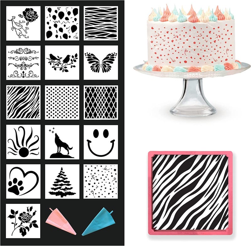 Ivanas Ivanas 16 PC Cake Stencil with Reusable Blue and Pink Icing Bags 6 Cookie Stencils Airbrush Stencils Templates Cookie Stencil Cookie Stencils for Royal Icing Cake Stencils Decorating CK13 - Image 1