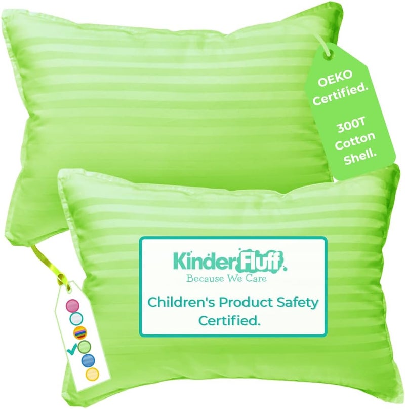 KINDER FLUFF Kids Pillows (2Pack) 33x46cm - Small Pillow for Kids Age 2+, 100% Cotton Sateen Stripes Shell 300T, Down Alternative Fill, Machine Washable - Children & Travel Cushion - Green- S - Image 1
