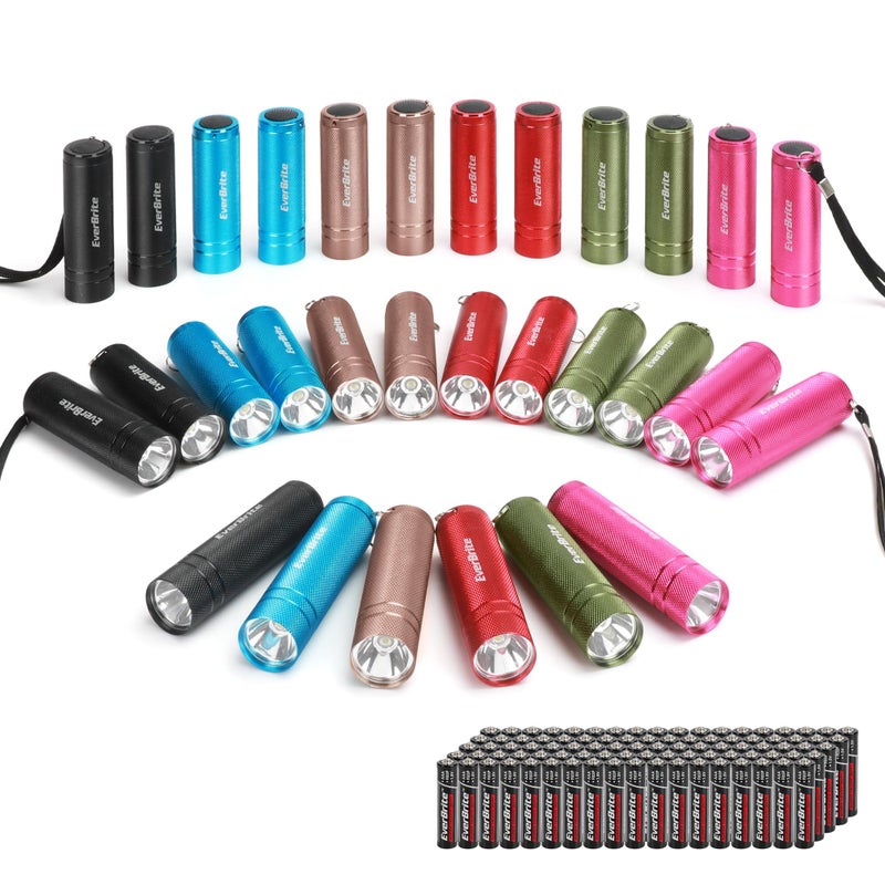 EverBrite 30Pack Mini Flashlight Set Aluminum LED Handheld Torches with Lanyard Assorted Colors Batteries Included for Party Favors Night Reading Camping Power Outage Gift to Christmas