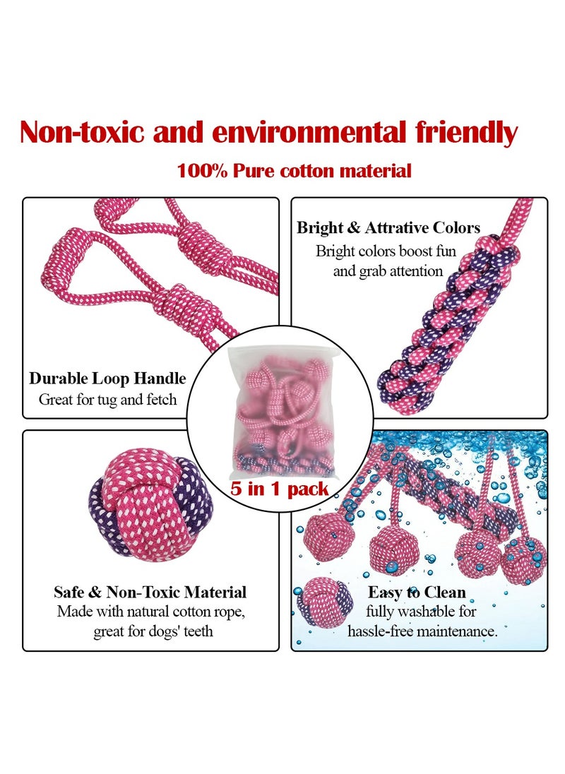 MAJIBAO - Combo pack of 5 rope toys, Durable and 100% cotton, Ideal for small to medium dogs, 32 cm Interactive chew toy for Dental health, Play, Aggression, and Tug of War, Loop handle with rope ball (Pink) - Image 1