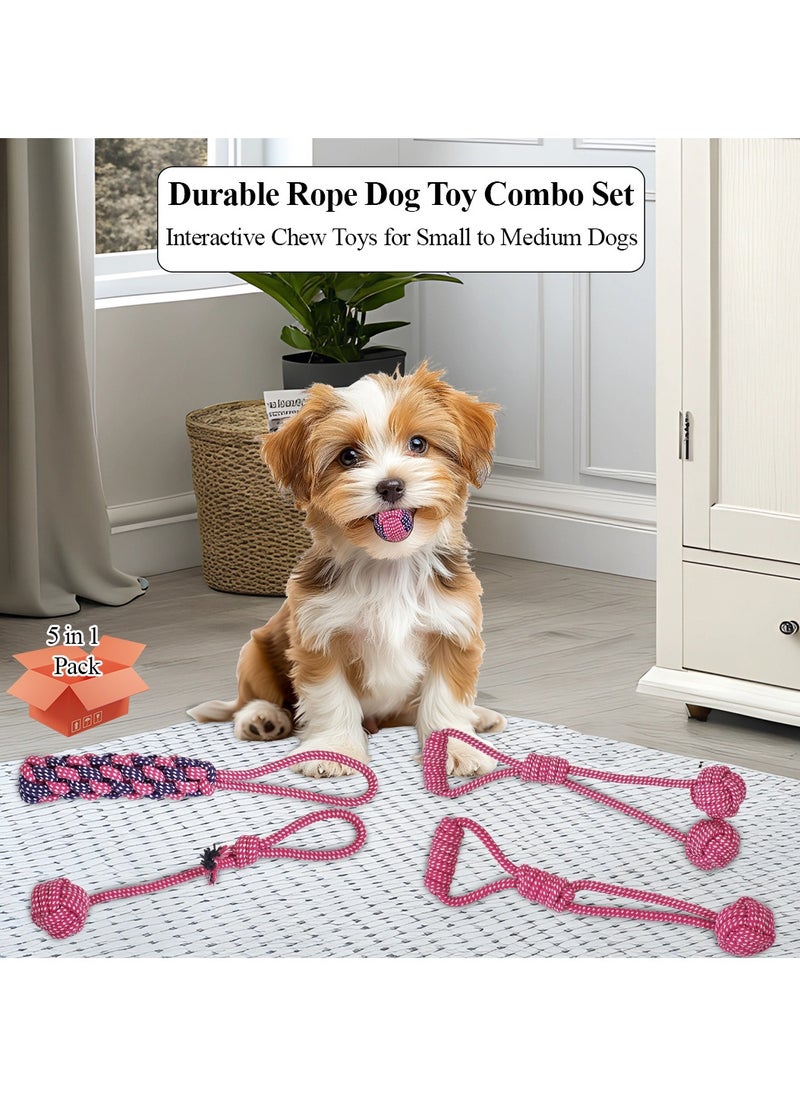 MAJIBAO - Combo pack of 5 rope toys, Durable and 100% cotton, Ideal for small to medium dogs, 32 cm Interactive chew toy for Dental health, Play, Aggression, and Tug of War, Loop handle with rope ball (Pink) - Image 1