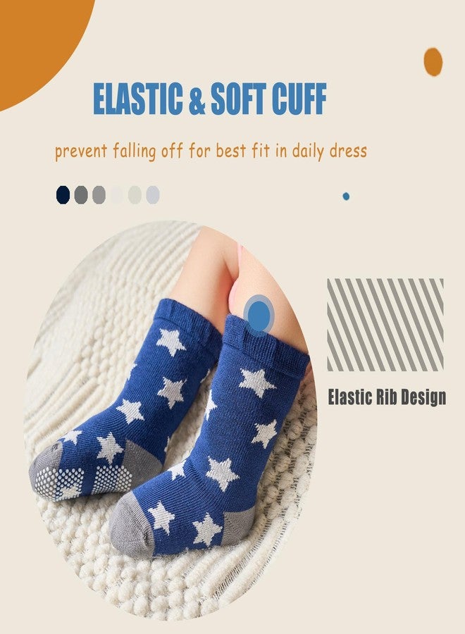 Mardonskey Toddler Cotton Crew Socks Baby Non Slip Grip Socks for Boys Girls 6 Pack Cute Stars Stripes 2T-4T - Image 2