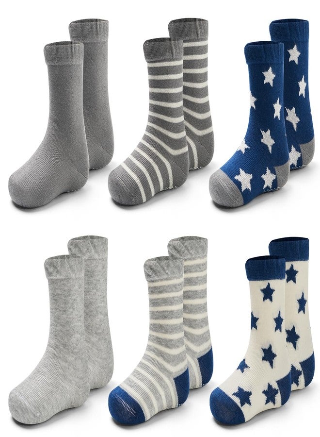 Mardonskey Toddler Cotton Crew Socks Baby Non Slip Grip Socks for Boys Girls 6 Pack Cute Stars Stripes 2T-4T - Image 1
