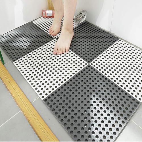 REDMART Interlocking Non-Slip Bathroom Floor Tiles with Drain Holes - Soft PVC Massage Bath Mats for Shower, Pool Deck, Patio & Garage - DIY Splicing Cushion Mat (Grey/White, Pack of [2]) - Image 1