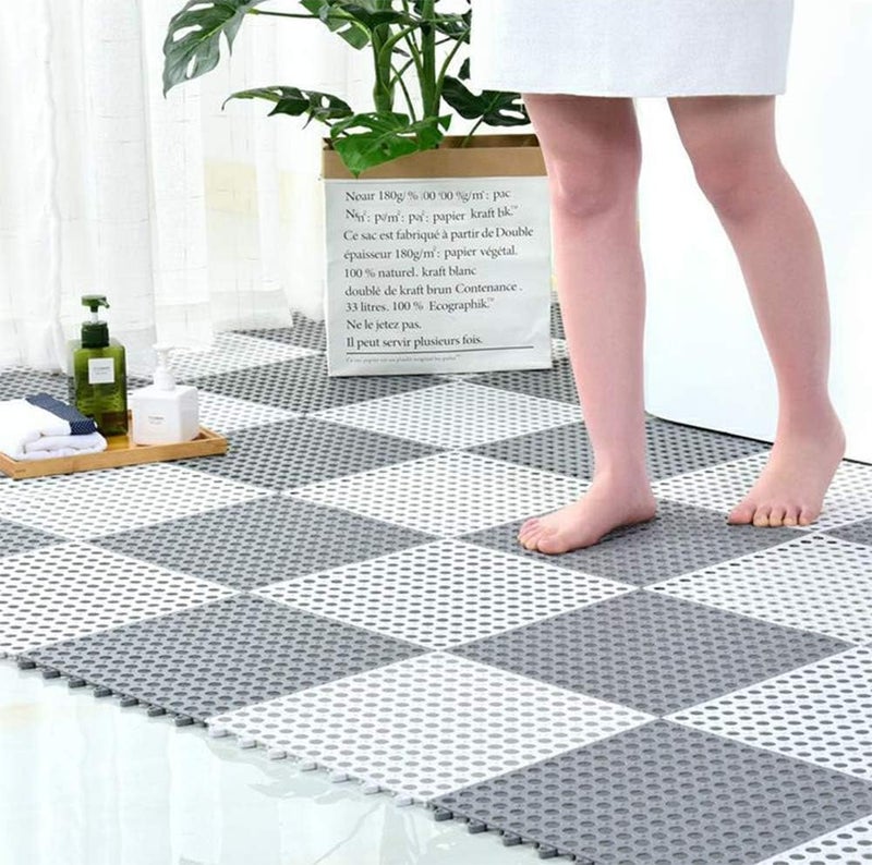 REDMART Interlocking Non-Slip Bathroom Floor Tiles with Drain Holes - Soft PVC Massage Bath Mats for Shower, Pool Deck, Patio & Garage - DIY Splicing Cushion Mat (Grey/White, Pack of [2]) - Image 5