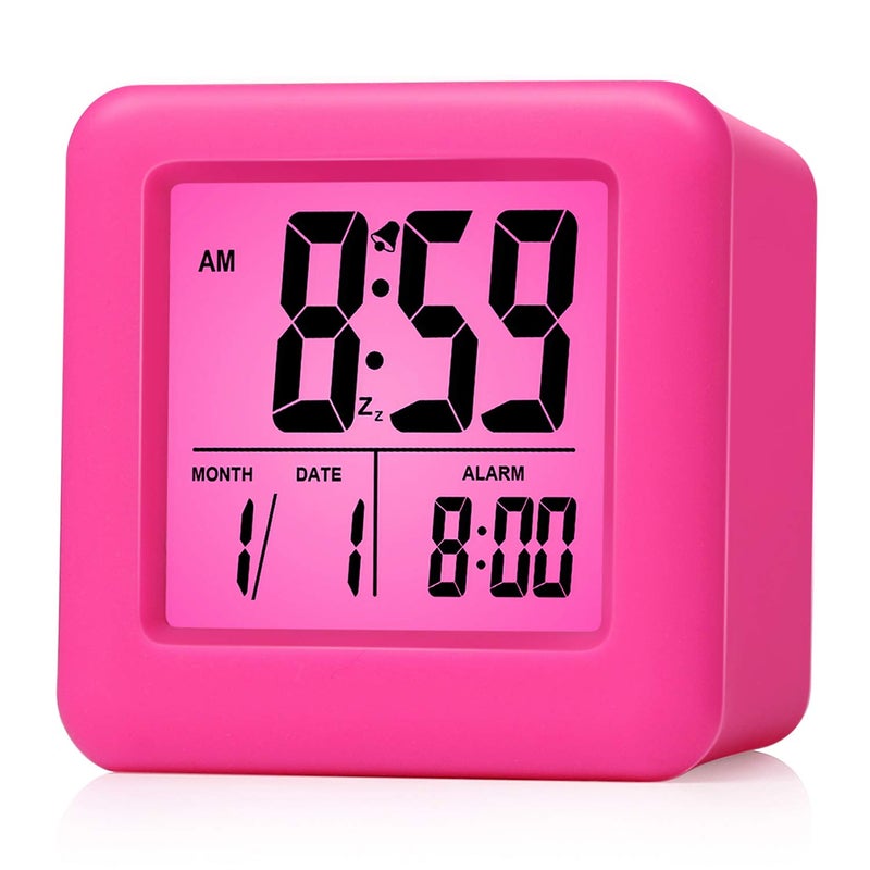 Plumeet Digital Kids Alarm Clock with Snooze and Nightlight  Easy Setting Silicone Clock Display Time Date  Loud for Bedroom  Battery Powered Pink