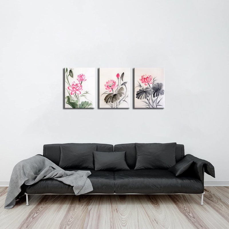 NAN Wind Traditional Chinese Watercolor Painting of Pink Lotus Canvas Prints 3 Panels 12x16inches Wood Framed Lotus Flower Wall Art Blossom Print Painting for Bedroom Decor - Image 4