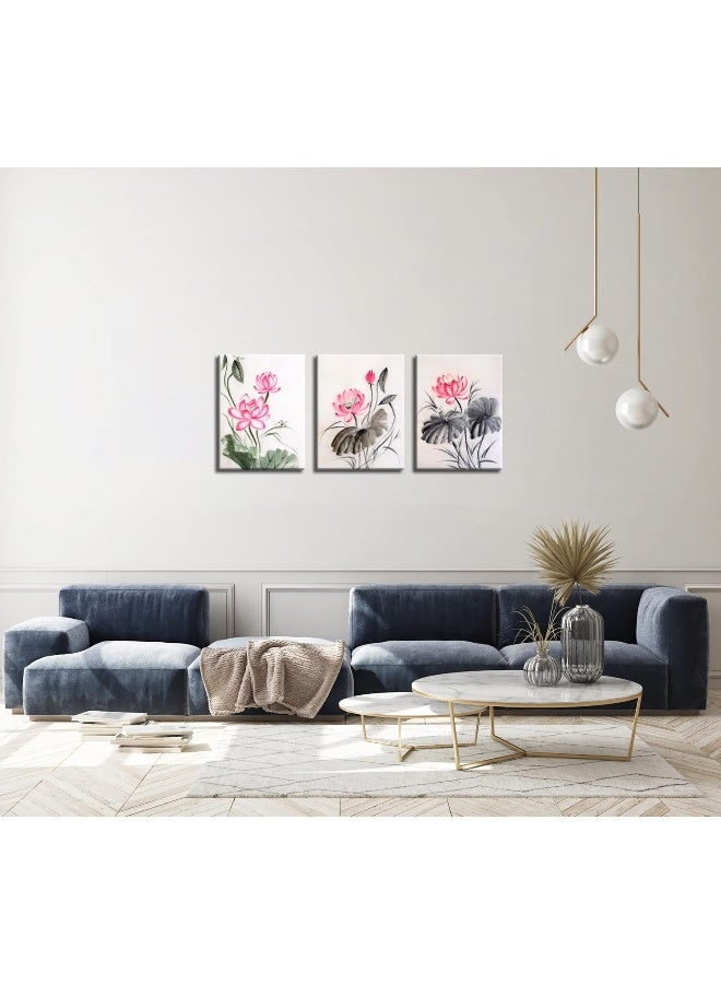 NAN Wind Traditional Chinese Watercolor Painting of Pink Lotus Canvas Prints 3 Panels 12x16inches Wood Framed Lotus Flower Wall Art Blossom Print Painting for Bedroom Decor - Image 3