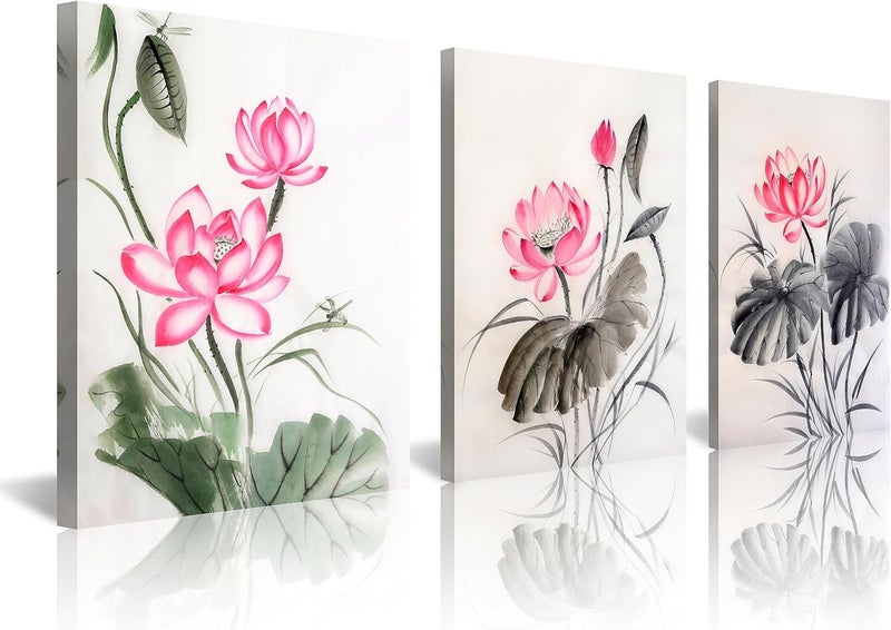NAN Wind Traditional Chinese Watercolor Painting of Pink Lotus Canvas Prints 3 Panels 12x16inches Wood Framed Lotus Flower Wall Art Blossom Print Painting for Bedroom Decor - Image 1