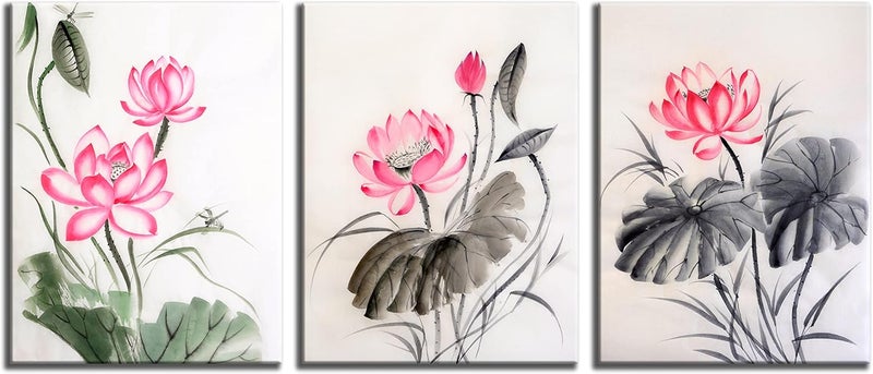 NAN Wind Traditional Chinese Watercolor Painting of Pink Lotus Canvas Prints 3 Panels 12x16inches Wood Framed Lotus Flower Wall Art Blossom Print Painting for Bedroom Decor - Image 2