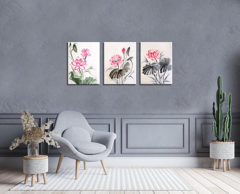 NAN Wind Traditional Chinese Watercolor Painting of Pink Lotus Canvas Prints 3 Panels 12x16inches Wood Framed Lotus Flower Wall Art Blossom Print Painting for Bedroom Decor - Image 5