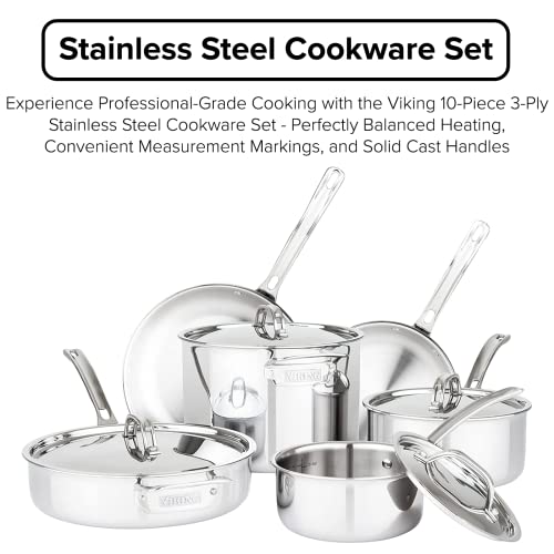 Viking Culinary 3-Ply Stainless Steel Cookware Set with Metal Lids, 10 Piece, Dishwasher, Oven Safe, Works on All Cooktops including Induction,Silver - Image 2